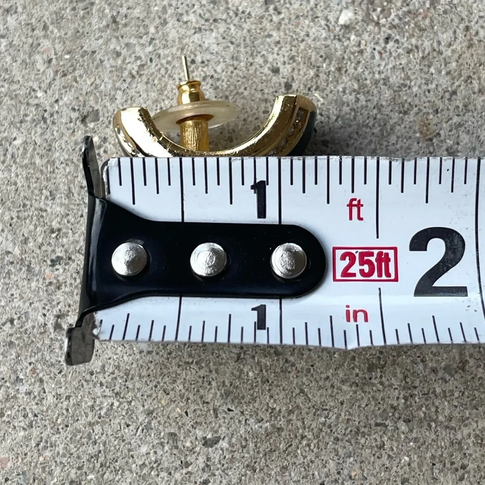 Vintage Gold Black Enamel pierced Earrings Rhinestone accents